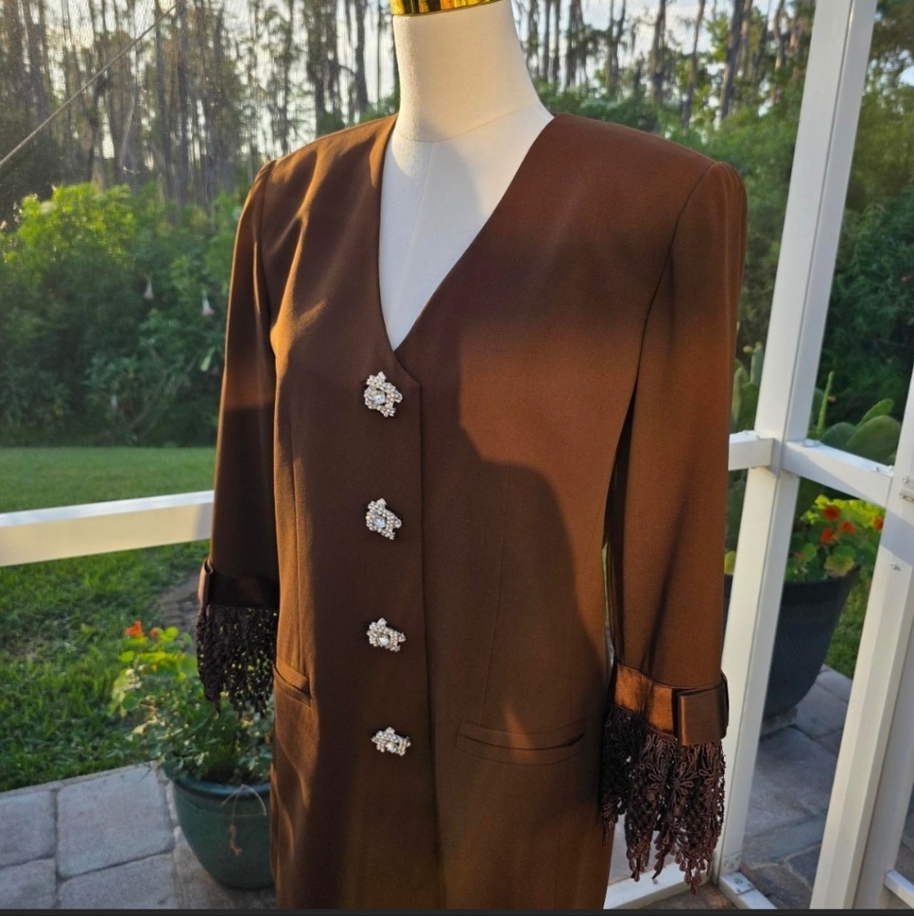 Vintage 80s Brown Rhinestone Blazer  | Regency Coquette Lace Cuff 14/ L